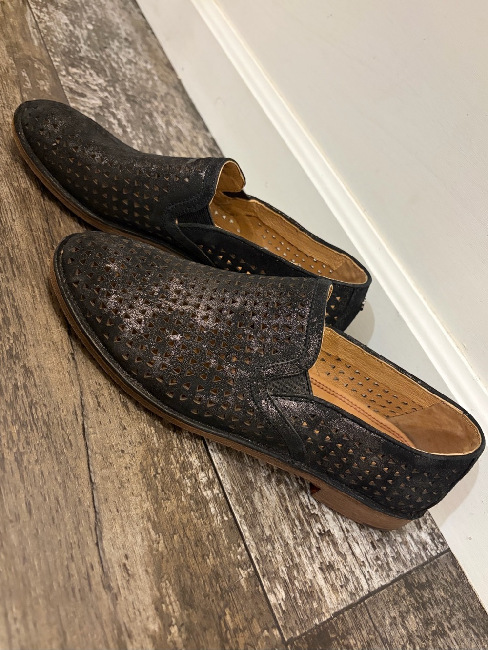 Trask Ali Perforated Distressed Metallic Leather Slip On Loafers